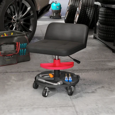 HOMCOM Rolling Garage Stool, 300 LBS, Tool Tray, Adjustable, Black