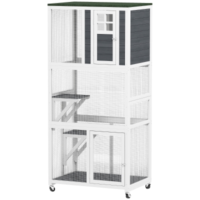 PawHut 74" Weatherproof Wooden Catio, Wheeled Cat Enclosure, Gray