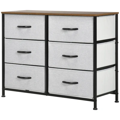 HOMCOM 6 Drawer Dresser for Bedroom, Fabric Chest of Drawers with Steel Frame, Wood Grain Top and Handles, Grey