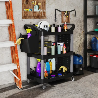 HOMCOM 3-Tier Rolling Utility Tool Cart, 200 LBS Capacity, Black/Gray