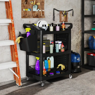 HOMCOM 3-Tier Rolling Utility Tool Cart, 200 LBS, Black