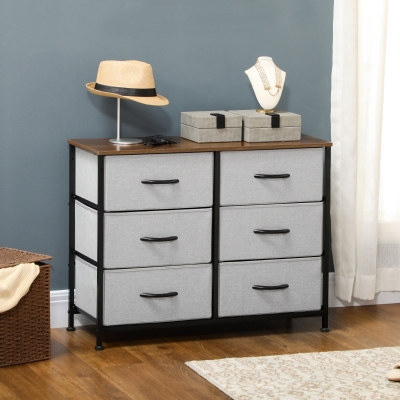 HOMCOM 6 Drawer Dresser for Bedroom, Fabric Chest of Drawers with Steel Frame, Wood Grain Top and Handles, Grey