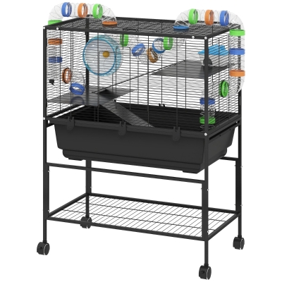 PawHut 3-Tier Rolling Hamster Cage with Wheel, Hut & Tube System