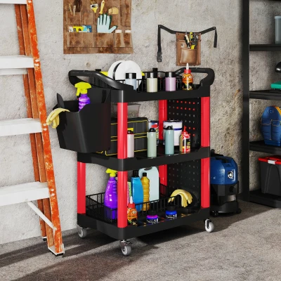 HOMCOM 3-Tier Rolling Tool Cart, 200LBS Capacity, Black & Red