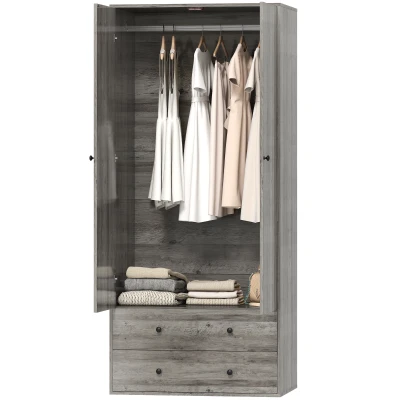 HOMCOM Modern Wardrobe Closet Armoire with 2 Drawers and Hanging Rod, Clothes Storage Organizer for Bedroom, Grey