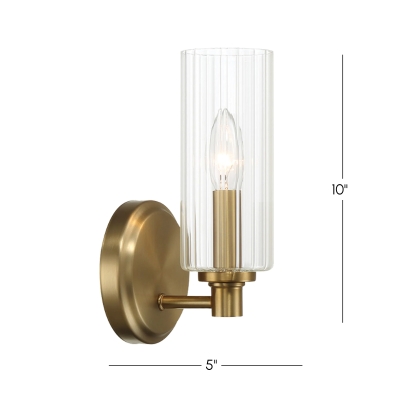 Single Light Wall Sconce with Clear Ribbed Glass, Clear+Gold