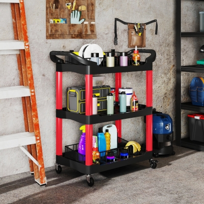 HOMCOM 3-Tier Rolling Tool Cart with Wheels, 200 LBS Capacity Plastic Utility Cart for Garage, Warehouse, Workshop, Black & Red