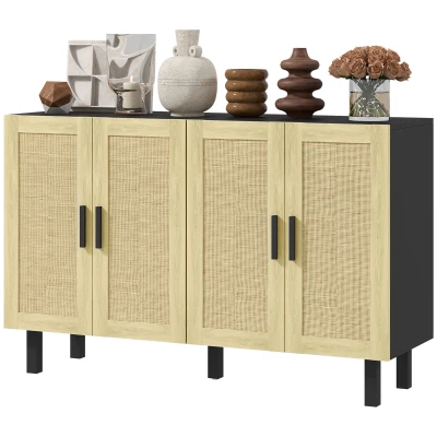 HOMCOM Boho Sideboard Buffet Cabinet, Storage Cabinet with 4 Rattan Doors and Adjustable Shelves, Black
