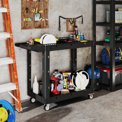 HOMCOM 2-Tier Rolling Tool Cart with Wheels, 500 LBS Capacity Utility Cart with Handle, Mobile Service Tool Organizer, Black