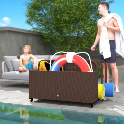 Outsunny PE Rattan Pool Storage Organizer with Wheels, Brown
