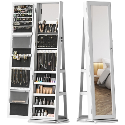 HOMCOM 360° Swivel Lockable Jewelry Armoire with Mirror, White