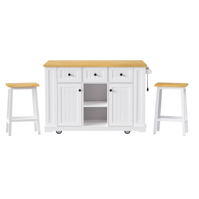 5-Wheel Kitchen Island Set with 2 Bar Stools, White