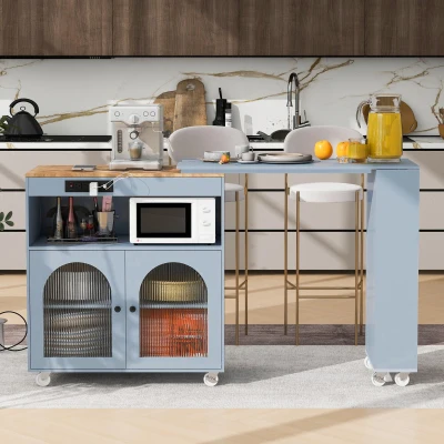 Extended LED Kitchen Island with Power Outlets, Slate Blue