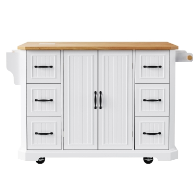 Kitchen Island with Power Outlet and Drop Leaf, White