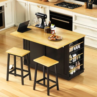 Kitchen Island with 2 Bar Stools, Black