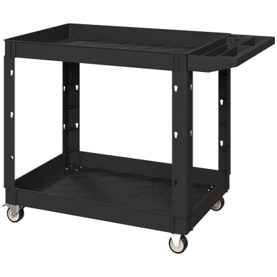 HOMCOM 2-Tier Rolling Tool Cart with Wheels, 500 LBS Capacity Plastic Utility Cart with Handle for Garage, Warehouse, Black