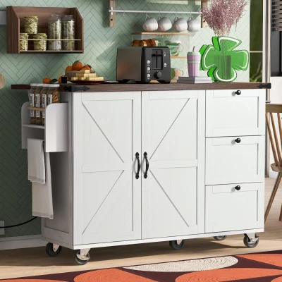 Farmhouse Kitchen Island with Power Outlet, White