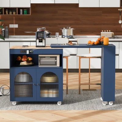 LED Kitchen Island with Extended Table, Navy Blue