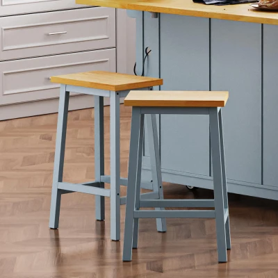 Solid Wood Bar Stools Set of 2, Grey+Blue