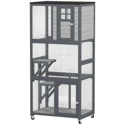 PawHut 74" Wooden Outdoor Cat House Weatherproof & Wheeled with High Weight Capacity, Kitten Cage Condo, Light Grey