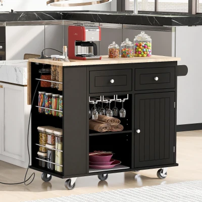 Kitchen Cart with Power Outlet, Black