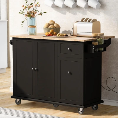Kitchen Island with 3-Tier Pull-Out Cabinet Organizer, Black