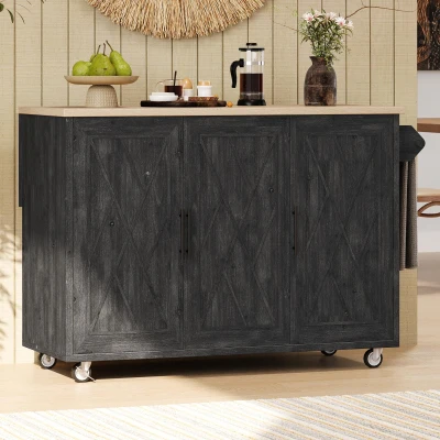 Farmhouse Kitchen Island with Drop Leaf, Black