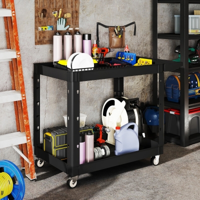 HOMCOM 2-Tier Rolling Tool Cart with Wheels, 500 LBS Capacity Plastic Utility Cart with Handle for Garage, Warehouse, Black