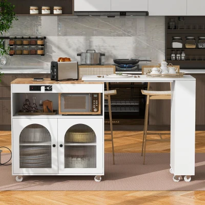 LED Kitchen Island with Extended Table, White