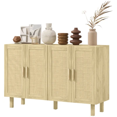 HOMCOM Boho Sideboard Buffet Cabinet, Storage Cabinet with 4 Rattan Doors and Adjustable Shelves, Natural