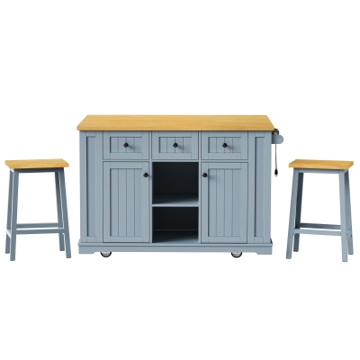 Kitchen Island with 2 Bar Stools, Grey+Blue