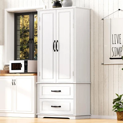 Farmhouse Kitchen Pantry Cabinet with Embossed Texture, White