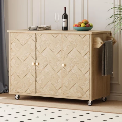 Coastal Kitchen Island Cart with Drop Leaf, Natural Wood