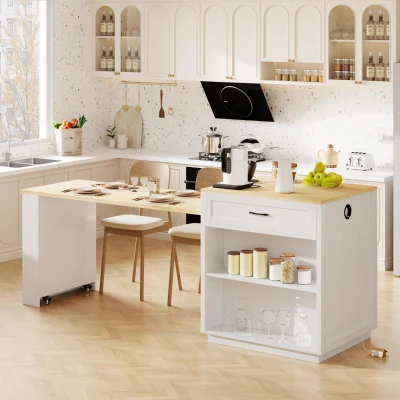 Kitchen Island with Extendable Table, White Oak