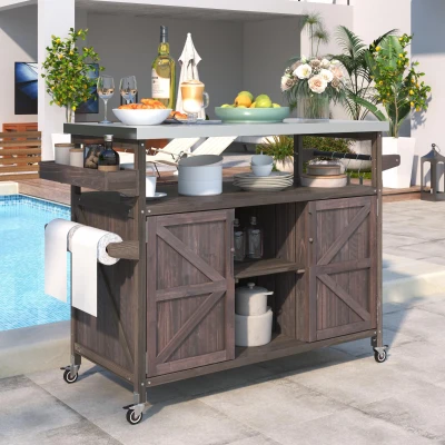 Outdoor Kitchen Island with Spice and Towel Rack, Dark Brown