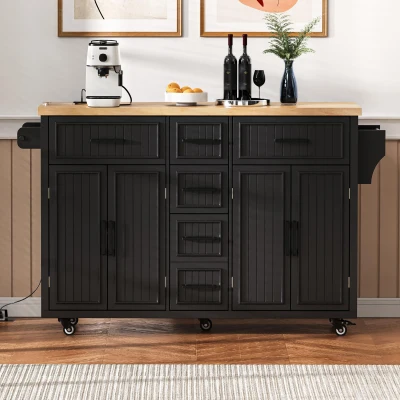 Kitchen Island with Drop Leaf and Power Outlet, Black