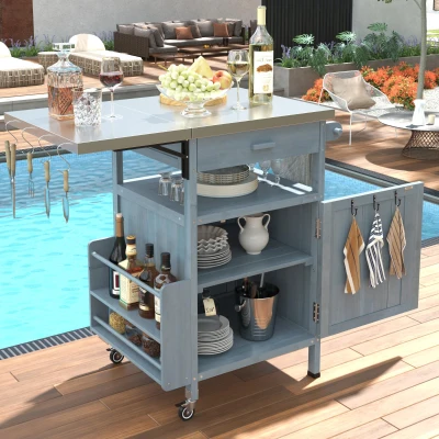 Outdoor Grill Cart with Stainless Steel Top, Blue+Grey