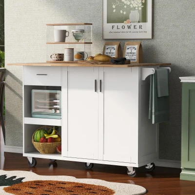 Kitchen Island Cart with Foldable Countertop, White