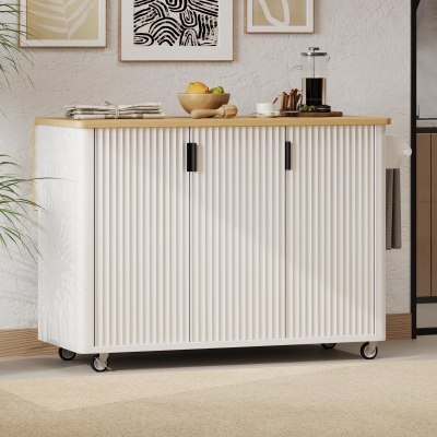 Fluted Kitchen Island with Drop Leaf, White
