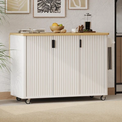 Fluted Kitchen Island with Drop Leaf, White