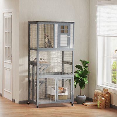 PawHut 74" Wooden Outdoor Cat House Weatherproof & Wheeled with High Weight Capacity, Kitten Cage Condo, Light Grey