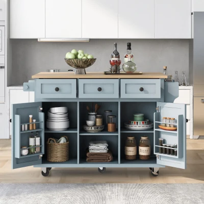 Kitchen Cart with Wood Drop-Leaf Countertop, Blue