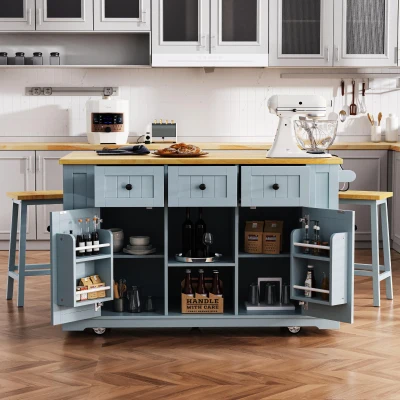 Kitchen Island with 2 Bar Stools, Grey+Blue