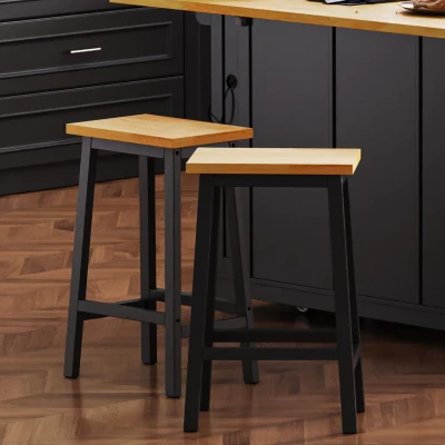 Set of 2 Solid Wood Bar Stools with Anti-Scratch Pads, Black