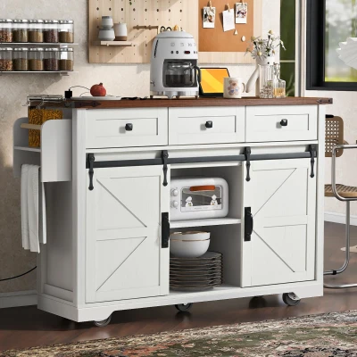 Farmhouse Kitchen Island with 2 Sliding Barn Doors, White