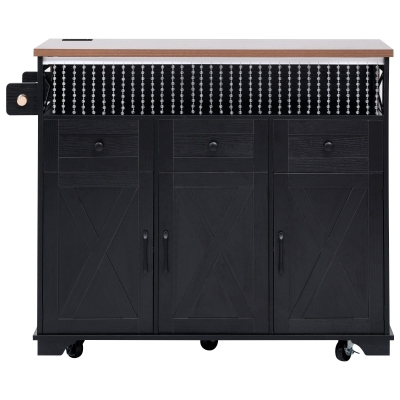 Farmhouse Kitchen Island Cart with Beaded Drape, Black