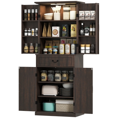 HOMCOM 71" LED Kitchen Pantry Cabinet, Distressed Brown
