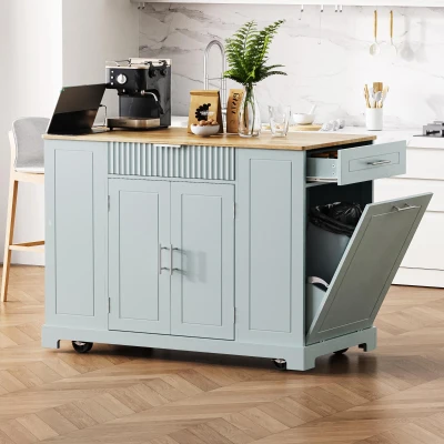 Fluted Kitchen Island with Trash Can Storage, Grey+Blue