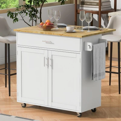 Rolling Kitchen Cart with Rubber Wood Top, White