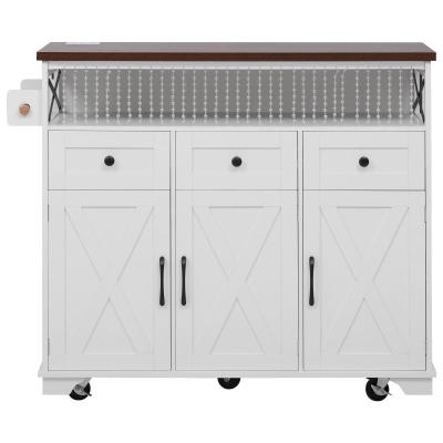 Farmhouse Kitchen Island Cart with Beaded Drape, White